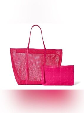 NWT Victoria's Secret Bright Pink Mesh Tote with Matching Pouch